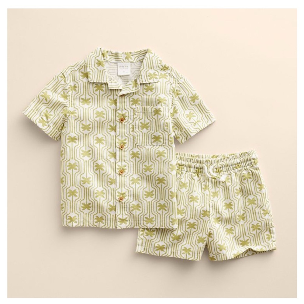 Little Co. Lauren Conrad Tropical Palm Tree Linen Set Button Up Elastic